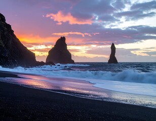 Dramatic sunset over a black sand beach with basalt columns (1)