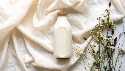 A glass bottle of milk sits on a white cloth with a wooden cap, surrounded by flowers.