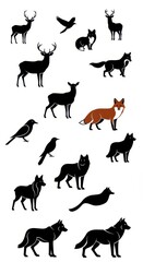 Fototapeta premium Black silhouette illustrations of various forest animals, including deer, foxes, wolves, and birds, against a plain white background.