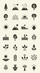 A collection of stylized nature icons, featuring trees, mountains, sun, water, and leaves, in a minimalist design.