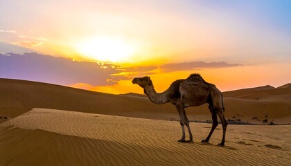 A camel stands in a desert at sunset