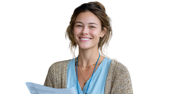Smiling Woman with Documents: A radiant woman exudes confidence as she beams, holding important documents in a bright, clean setting, perfect for themes of professionalism and positivity.