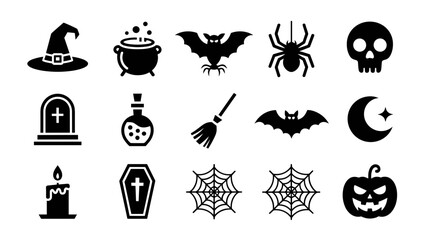 Halloween vector icons set spooky elements witch bat pumpkin spider skull tombstone candle and more icons