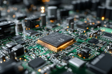 Obraz premium Circuit board with selective focus, computer chip, ad security technology. Genrative AI