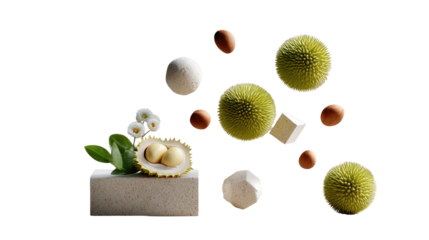 Floating Durian: A captivating visual showcasing the king of fruits, durian, amidst levitating elements, revealing its unique texture, shape, and color and a burst of visual delight.