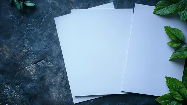 Stack of white paper surrounded by green leaves against dark background