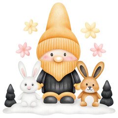 Fototapeta premium Knitted Christmas Gnome Concept. A whimsical gnome stands with two bunnies amidst colorful flowers.