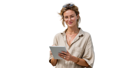 Digital Era: A young professional woman holding a tablet device, embodying the modern intersection of technology and personal style. Capturing intelligence and empowerment.