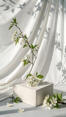 White flowers with green leaves bloom on a branch, artfully placed on a block, casting elegant shadows on the draped white background.