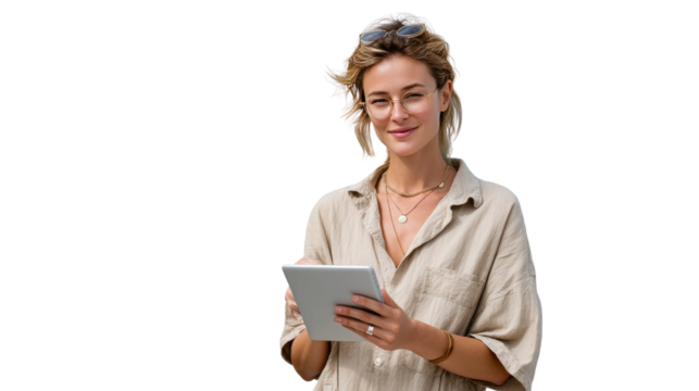 Digital Era: A young professional woman holding a tablet device, embodying the modern intersection of technology and personal style. Capturing intelligence and empowerment.