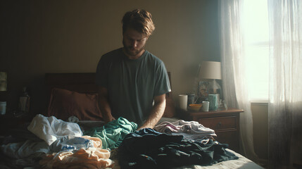 Man Folding Clothes on Bed: A man meticulously folds clothes on a cluttered bed in a warmly lit bedroom, evoking themes of daily life, domesticity, and a hint of self-reflection.