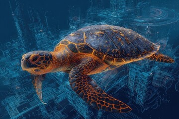 Sea turtle over city skyline