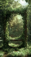 Rustic Wooden Frame with Green Vines in Forest, Natural Light, Serene, Outdoors