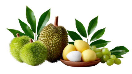 Exotic Fruit Platter: A mouthwatering composition of tropical fruits arranged with vibrant green leaves, a feast for the senses and a celebration of nature's bounty.