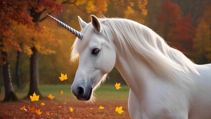 Close up a white unicorn in the autumn forest.