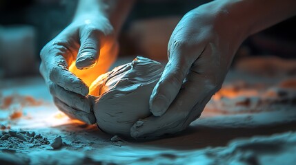 Sculpting Hands Forming Clay with Glowing Light Creative Process and Artistic Expression Revealed