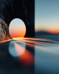 Abstract digital artwork concept Serene Sunset Reflection Through Circular Opening at Dusk showcasing detailed textures, abstract style, artistic creativity, designed for advertising, editorial