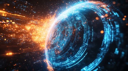 Fototapeta premium Abstract digital globe with glowing blue and orange light effects