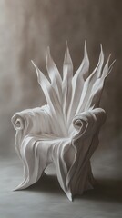Sculptural White Throne Artistic Furniture Design with Intricate LeafLike Back Detailing and Elegant Form