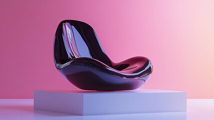 Shiny Black Modern Chair on White Pedestal with Pink and Blue Gradient Background