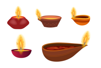 Diwali diya lamps on transparent background realistic vector set of Deepavali or Divali light festival. Indian Hindu religion oil lamps or lanterns with burning candle wicks and rangoli decoration
