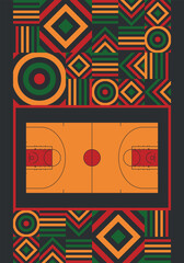 Basketball Court. Basketball design. Street sport art. Game Day. Basketball playoff. Final games. Team championship. Ball for Basketball. Sport creative poster. Modern graphic. Vector wallpaper