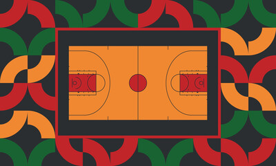Basketball Court. Basketball design. Street sport art. Game Day. Basketball playoff. Final games. Team championship. Ball for Basketball. Sport creative poster. Modern graphic. Vector wallpaper