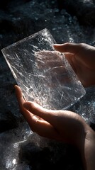 Sparkling Ice Slab Held in Hands Under Sunlight, Resting on Glacial Rock Bed