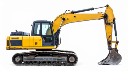 Side view of a yellow excavator machine with its arm extended, isolated on white background.