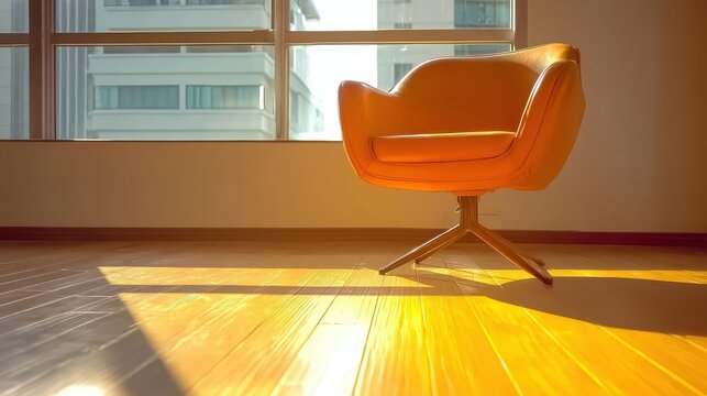 Sunny office interior with modern yellow chair, suitable for productivity themes, workspace inspiration, and design blogs