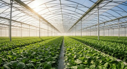 Vibrant greenhouse cultivation lush green plants growing under sunlight agriculture white background