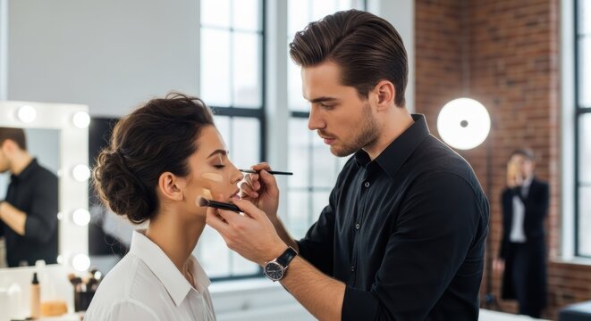 A man applying makeup to a woman's face in a professional setting.