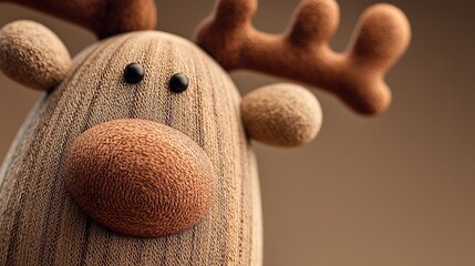Macro shot of handmade reindeer plush head with textured nose black bead eyes and antlers, neutral background, soft toy detail, close-up