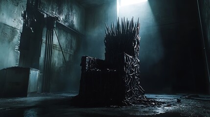 Spiked Iron Throne in Abandoned Room Bathed in Light, Mysterious and Dark Ambience