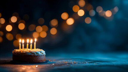 Round birthday cake with five lit yellow candles on dark blue ba