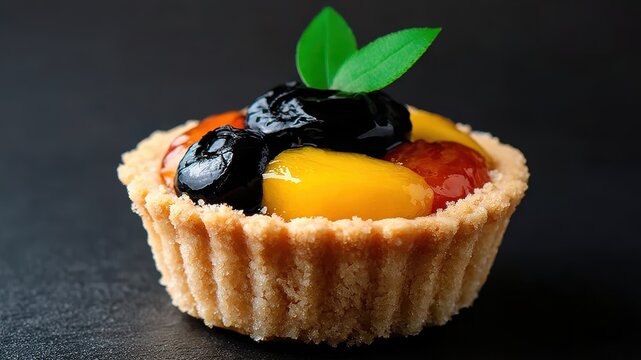 Glazed mini tart with berry and leaf on plate, suitable for culinary content, dessert menus, and gourmet visuals