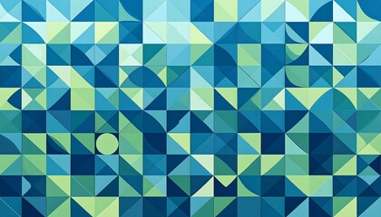 Abstract geometric pattern of triangles and circles in teal, mint, and dark blue