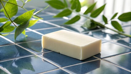 A pristine white bar of natural soap sits on glossy blue bathroom tiles, framed by vibrant green leaves under bright light.