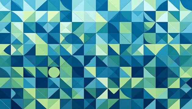 Abstract geometric pattern of triangles and circles in teal, mint, and dark blue - Powered by Adobe