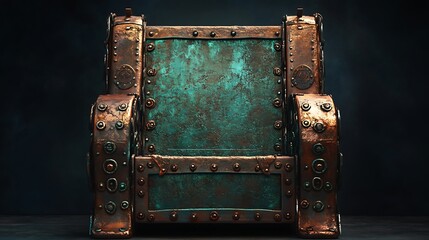 Steampunk Armchair with Patina Detailed Metal Rivets, Industrial Design, and Aged Copper Tones