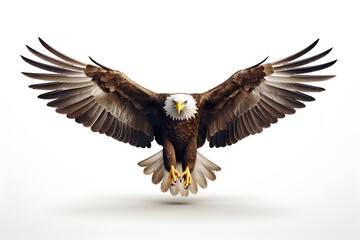 Naklejka premium Majestic eagle soaring with outstretched wings against a clean white background