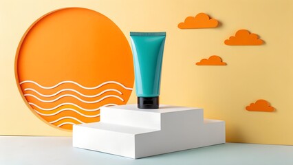 A teal cosmetic tube is displayed on a white stepped podium against a vibrant yellow backdrop with orange sun waves and decorative clouds.