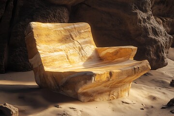 Stone Chair Sculpture in Desert Landscape with Striking Light and Shadow Contrast