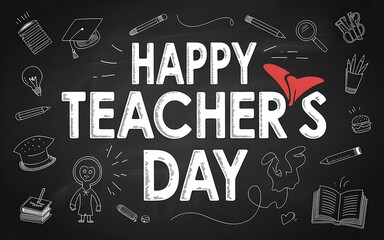 Naklejka premium Happy teachers day message with chalk drawings of school supplies on a chalkboard