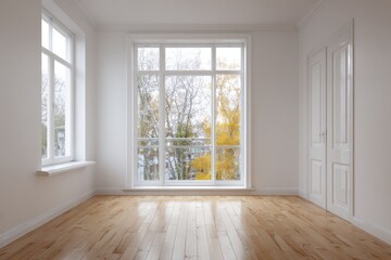 Empty room with large window overlooking autumn trees