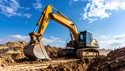A yellow excavator digs into the earth under a bright blue sky, construction site.