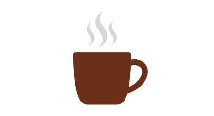 A simple flat illustration of a steaming hot brown coffee mug with a curved handle.