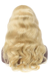 Fototapeta premium Body wavy bleached blonde human hair weaves extensions lace wigs on fake model