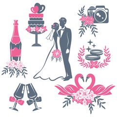 set of wedding symbols collection of wedding accessories elements wedding decorative decorations on white background vector image