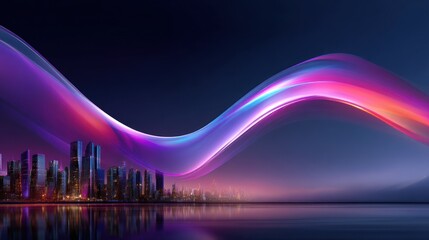 Vibrant neon light waves flow over a futuristic cityscape at night, reflecting in the water below.